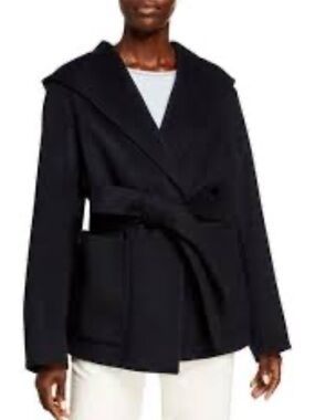 Vince Navy Hooded Belt Wool-Cashmere Belted Coat